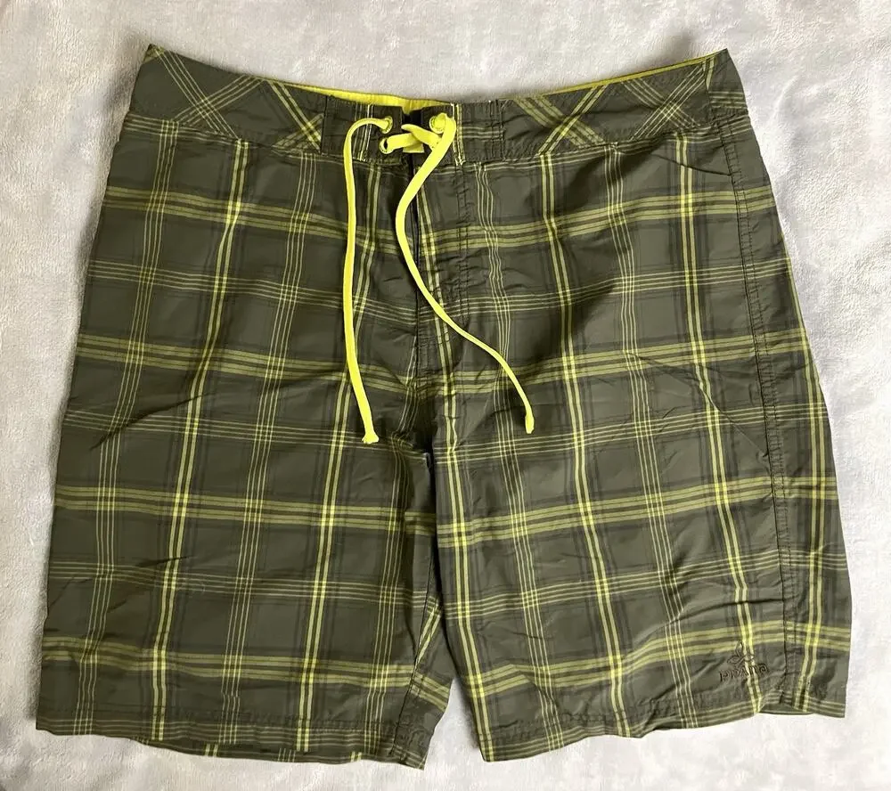 PrAna Men's Size 36 UPF 50+ Board Shorts Unlined Plaid Swim Surf Trunks Pockets